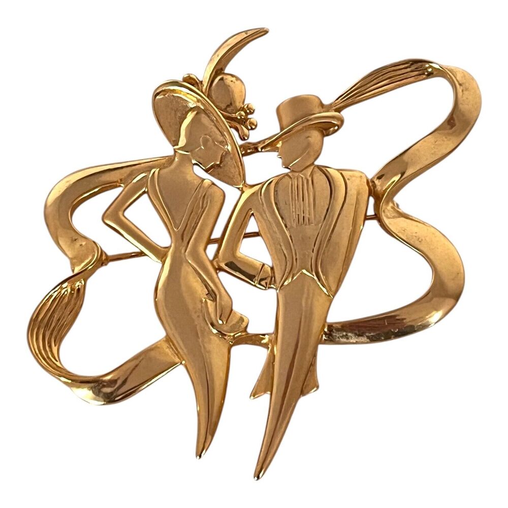 Vintage 1970s Figural Couple Brooch Gold Tone Statement Pin - 11U